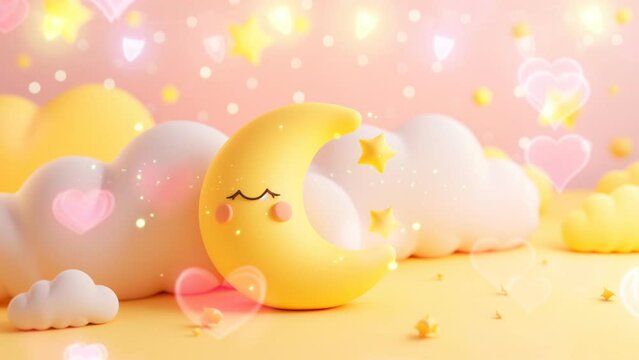 Cute yellow crescent moon sleep with cloud and stars. Lullaby baby loop animation background