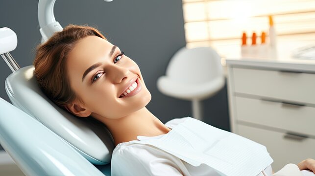 Image of pretty woman sitting in dental chair while professional doctor fixing her teeth.