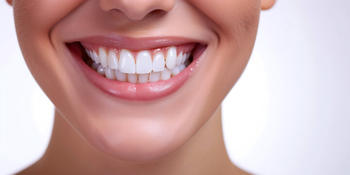 Smiling woman with braces showcasing healthy teeth and lips in a close-up dental image