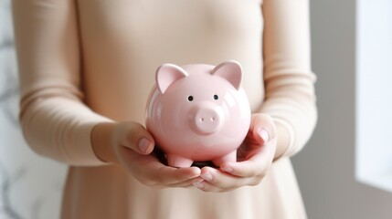 Pink piggy bank in woman's hand