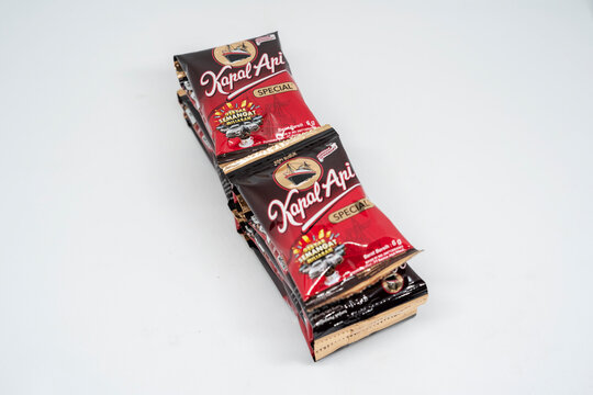 Jakarta, Indonesia. December 28, 2023: Sachet coffee on the Indonesian market brand kapal api Isolated on white background