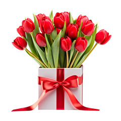 Fresh spring red tulips in vase with heart present box Isolated on transparent background.