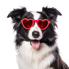 Funny puppy dog border collie in red heart shaped glasses Isolated on transparent background.