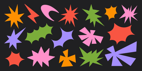 Abstract set colorful retro funky shapes on a black background. Trendy geometric cosmic starburst forms. Vector illustration in cartoon style 90s, 00s