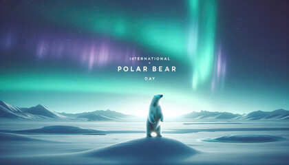 A polar bear under the northern lights. Beauty of the Arctic wilderness.International polar bear day.World Wildlife Day