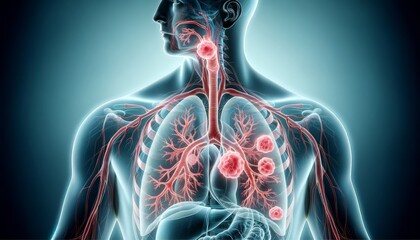 Medical Illustration of Human Respiratory System with Tumors in Lungs