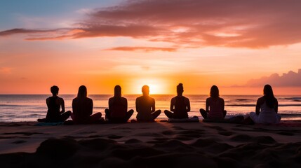 Silhouette of group of people meditating at sunset. People sitting relaxing in lotus pose during yoga class at beach. Rear view. Yoga retreat.