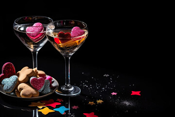 Valentine's Day concept. Top view vertical photo of heart shaped dishes with sweets cookies candies glass of drinking and confetti on isolated black background with empty space.