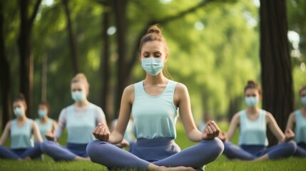 Group of young women wearing face masks and identical clothes meditating in lotus pose keeping social distance at yoga class outdoor in city park. Sport and health concept.