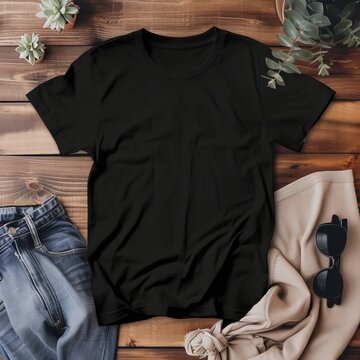 Flat lay of black t-shirt, jeans, sunglasses and beige fabric on wooden surface with succulent plants. Mockup, place for inscription.