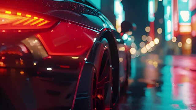 A slowmotion shot captures the intense reflection of the city lights on the sharp angular headlights of a street racing car creating a mesmerizing and dynamic visual.