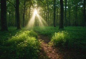 A green forest field where a beam of light reveals a heart, not ordinary but filled with the colors of fantasy.