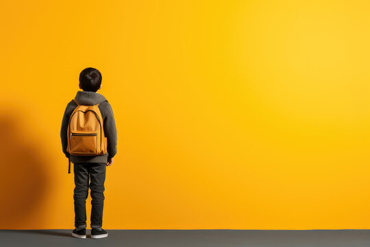 Yellow background, back-to-back elementary school boy, back to school. Generative ai