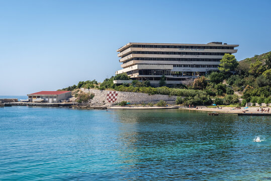 Kupari, Croatia - August 27, 2015: Ruined Pelegrin Hotel in so called Bay of Abandoned Hotels in Kupari