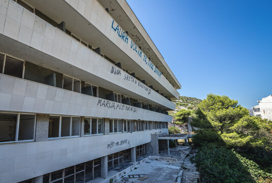 Kupari, Croatia - August 27, 2015: Pelegrin hotel in so called Bay of Abandoned Hotels in Kupari town