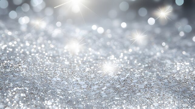Sparkling or shimmering silver glitter background. Falling silver glitter with intense sparkle. Good christmas and gift season background. Shallow depth of field.