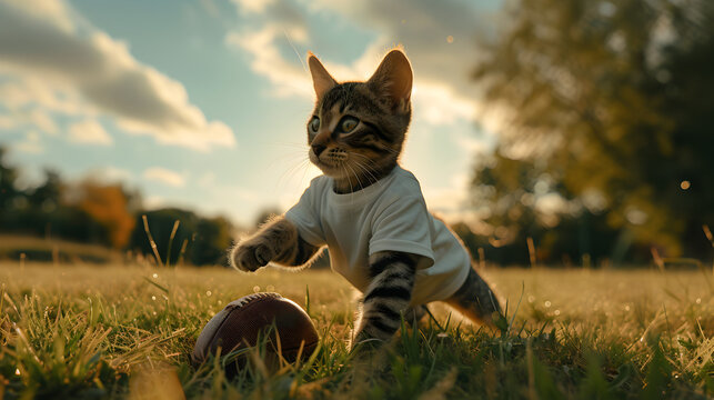Action photograph of cat wearing a white t-shirt playing american football Animals. Sports