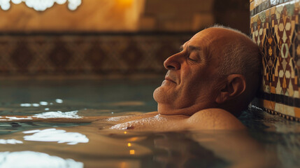 Mature man relaxing in turkish hammam.  - obrazy, fototapety, plakaty