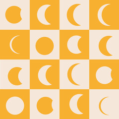 Checkered moon phases on white and orange checkerboards seamless pattern. For fabric, wrapping paper and textile