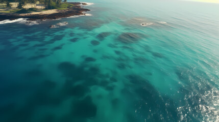 Aerial view of beautiful beach, simple, calm composition in clear blue