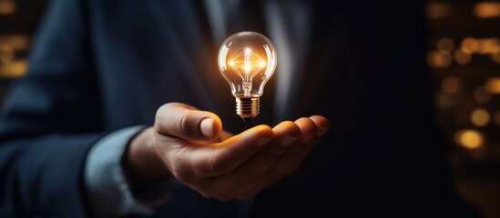 Businessman holding a glowing light bulb in his hands. Business innovation concept. - obrazy, fototapety, plakaty