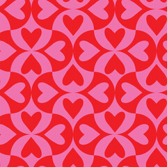 Pink and red hearts on geometric scallop shapes seamless pattern. For wallpaper, home décor and valentine’s day greeting card.