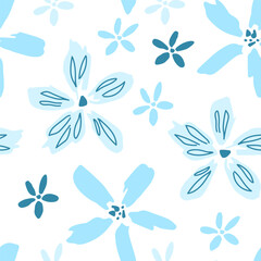 Floral calm vector seamless pattern. Light blue flowers on a white background. For printed fabrics, textiles, home decor.