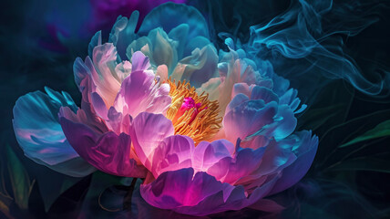 peony flower multicolored close-up with glow effect neon lighting abstract background with smoke