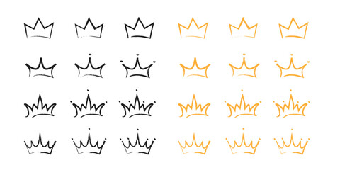 Doodle king queen crown. Hand drawn logo black set. Vector kingdom sketch concept.