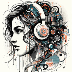 Young woman with headphones, a digital art portrait of an American computer programmer in one-color vector style.
