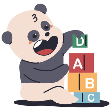 Cute baby panda play with ABC toys vector cartoon character illustration isolated on a white background.