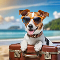 A jack russell terrier dog wearing sunglasses in suitcase in beach. travel and holiday concept, dog soaking up the sun and taking a snooze. This image embodies the ideas of summer and vacation.