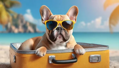 Foto op Canvas A French bulldog wearing sunglasses in suitcase in beach. travel and holiday concept, dog soaking up the sun and taking a snooze. This image embodies the ideas of summer and vacation. © Naji