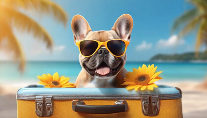A French bulldog wearing sunglasses in suitcase in beach. travel and holiday concept, dog soaking up the sun and taking a snooze. This image embodies the ideas of summer and vacation.
