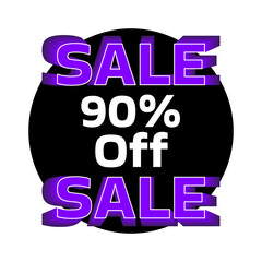 90% off. Sale written with 3D effect in neon purple color on a black circle.