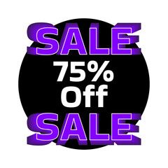 75% off. Sale written with 3D effect in neon purple color on a black circle.