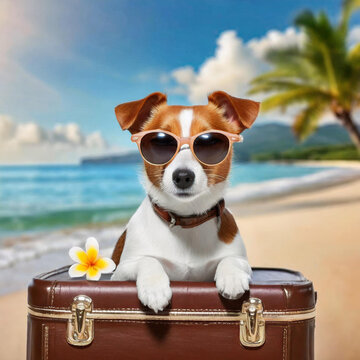 A jack russell terrier dog wearing sunglasses in suitcase in beach. travel and holiday concept, dog soaking up the sun and taking a snooze. This image embodies the ideas of summer and vacation.