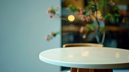 Minimalist White Circular Table Against a Softly Blurred Background, Ideal for Product Showcasing