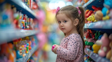 Little girl choosing toys in kids store