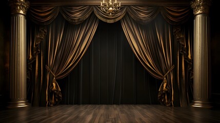 Theater stage with black gold velvet curtains
