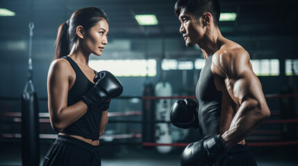 Naklejka premium Asian woman training kick boxing with punching gloves with trainer at fitness gym. Boxing, training, self defense, workout concept.