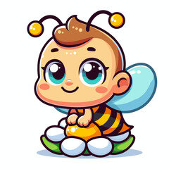 Cartoon character bee sitting on a flower, flat colors