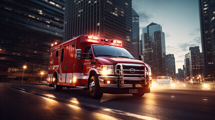a medical emergency ambulance car driving with red lights on street in the city - obrazy, fototapety, plakaty
