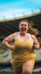 Fototapeta premium Happy cheerful active young oversized caucasian woman wearing sportswear jogging on stadium in the morning.