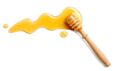 Honey splash with wooden honey dipper on white background