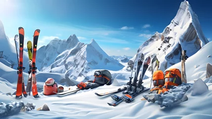 Vitrage gordijnen Lhotse Winter Sports Gear. Skis, Snowboards, and Helmets in a Winter Wonderland