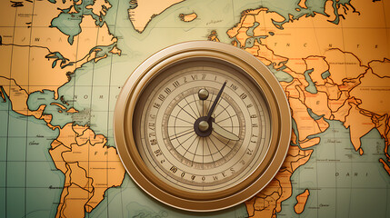 Illustration of an analog compass and location marking on world map background, travel concept