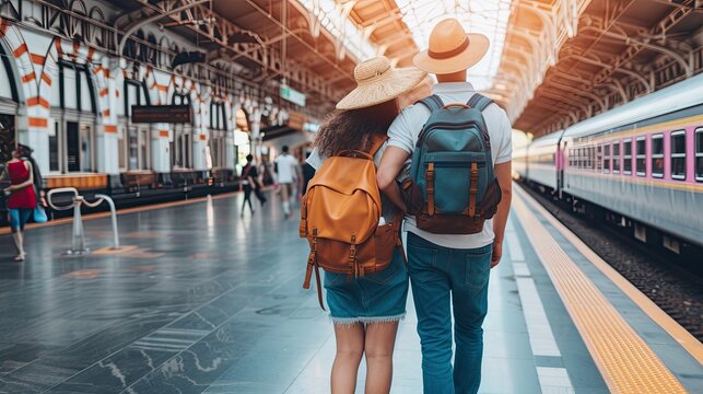 Happy young couple travellers together on vacation at the train station, travel concept, couple concept.