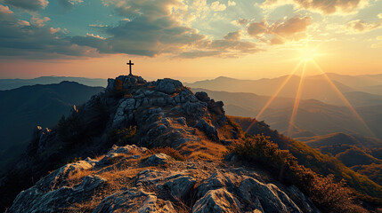 Cross on the top of the mountain with sunset background - obrazy, fototapety, plakaty