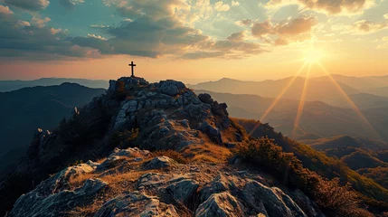 Foto op Plexiglas Cross on the top of the mountain with sunset background ©  Mohammad Xte